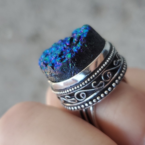 New Blue Titanium Druzy 925 Silver Ring. - Picture 14 of 15